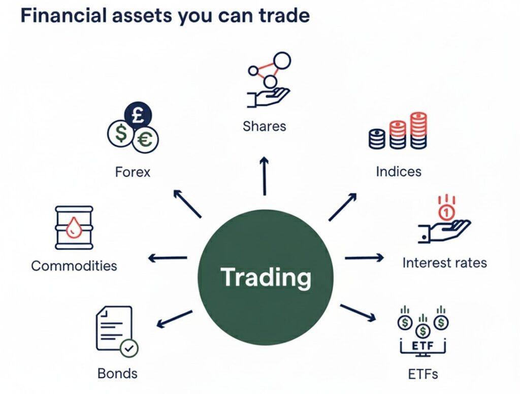 chart comparing types of assets traded online including stocks forex commodities and crypto