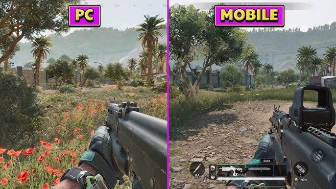 Side-by-side infographic showing differences between PC and mobile tactical shooters in 2025