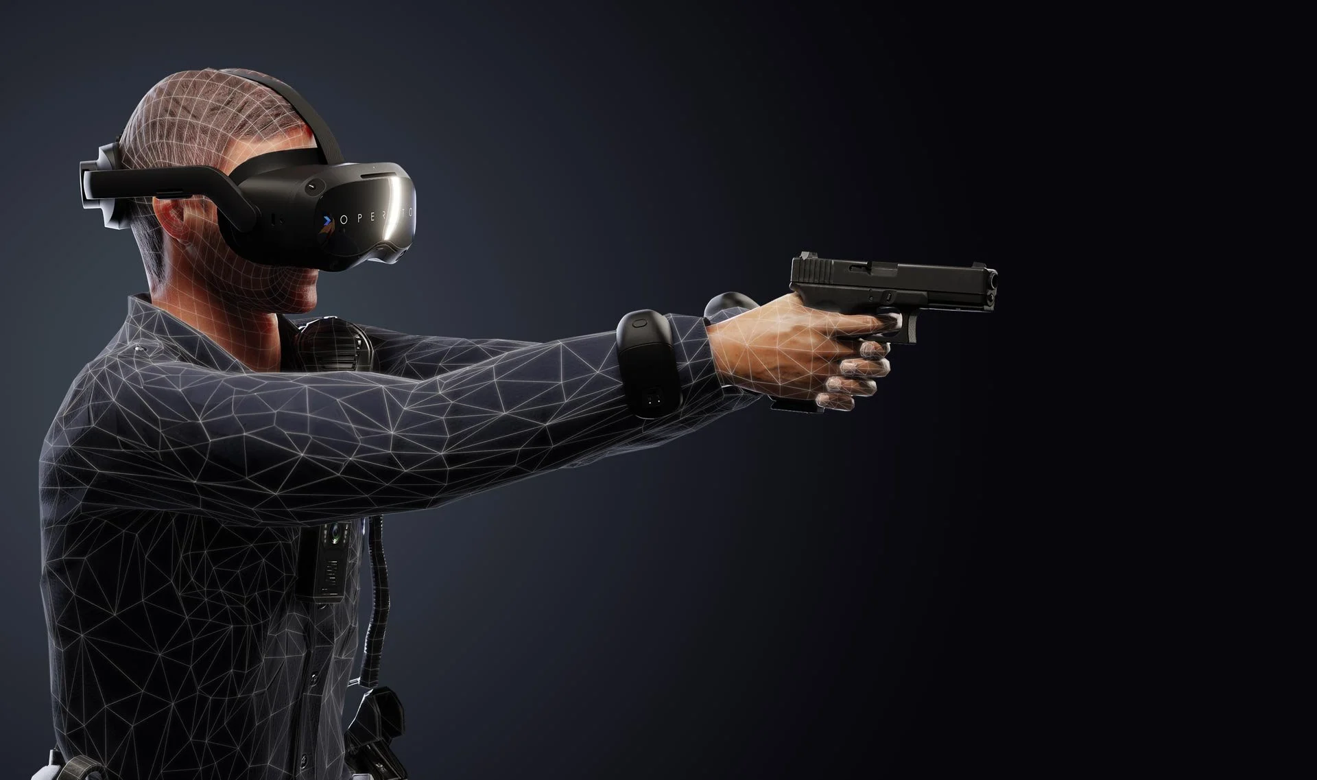 Gamer wearing VR headset holding mock rifle in immersive tactical shooter simulation