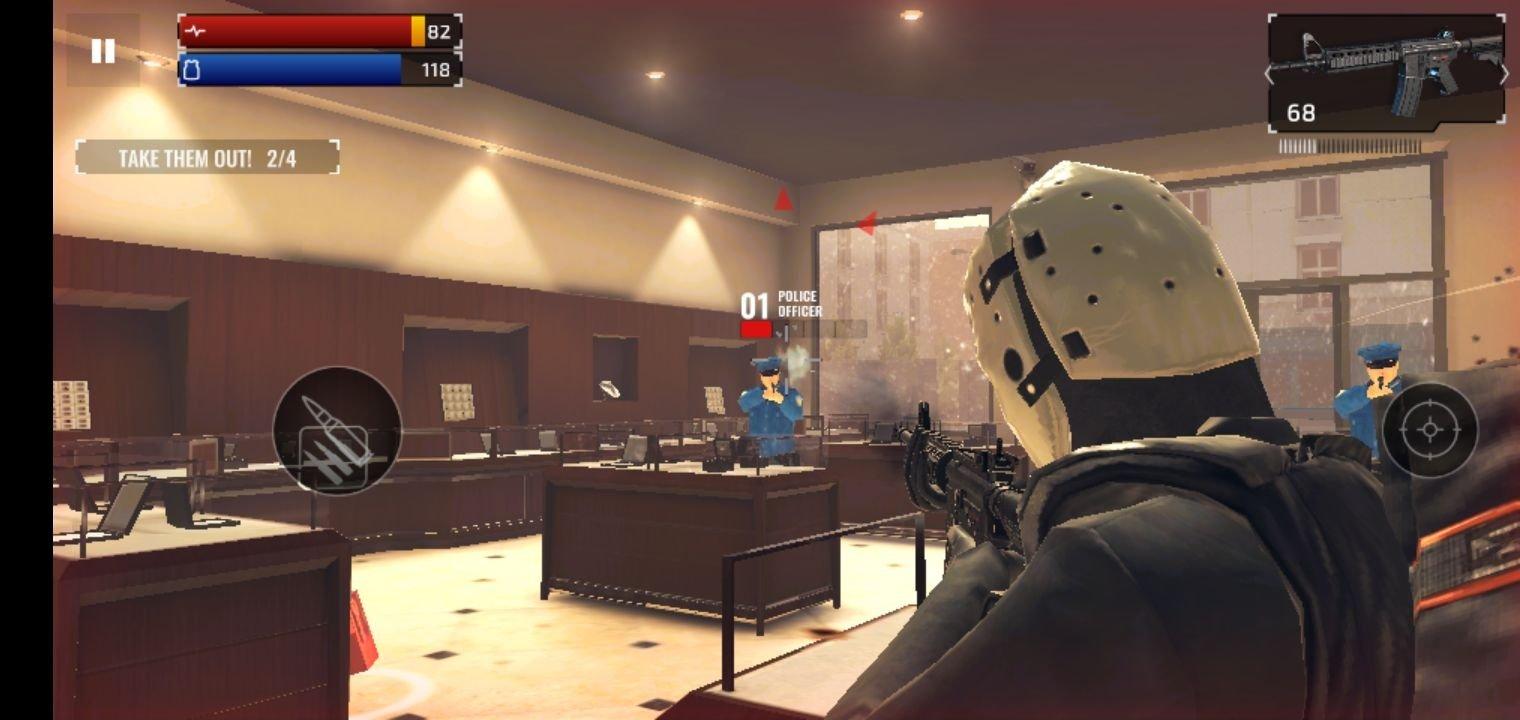 Masked crew securing vault while police sirens flash outside in Armed Heist Reloaded