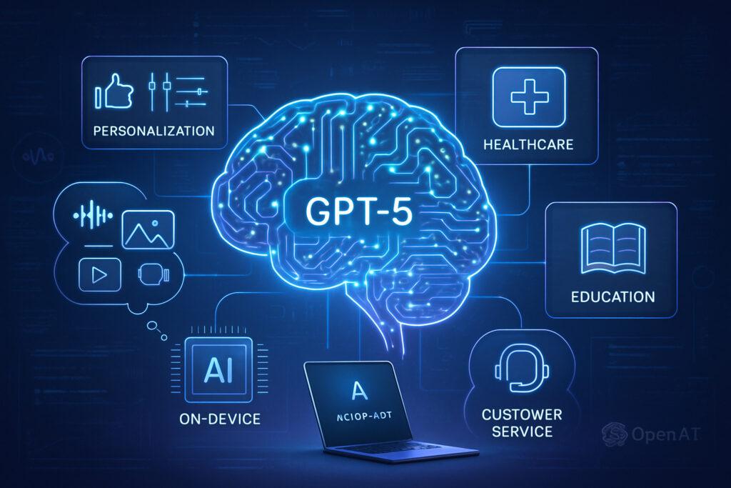 Illustration showing GPT-5 assisting in education, healthcare, business, software, and creative work