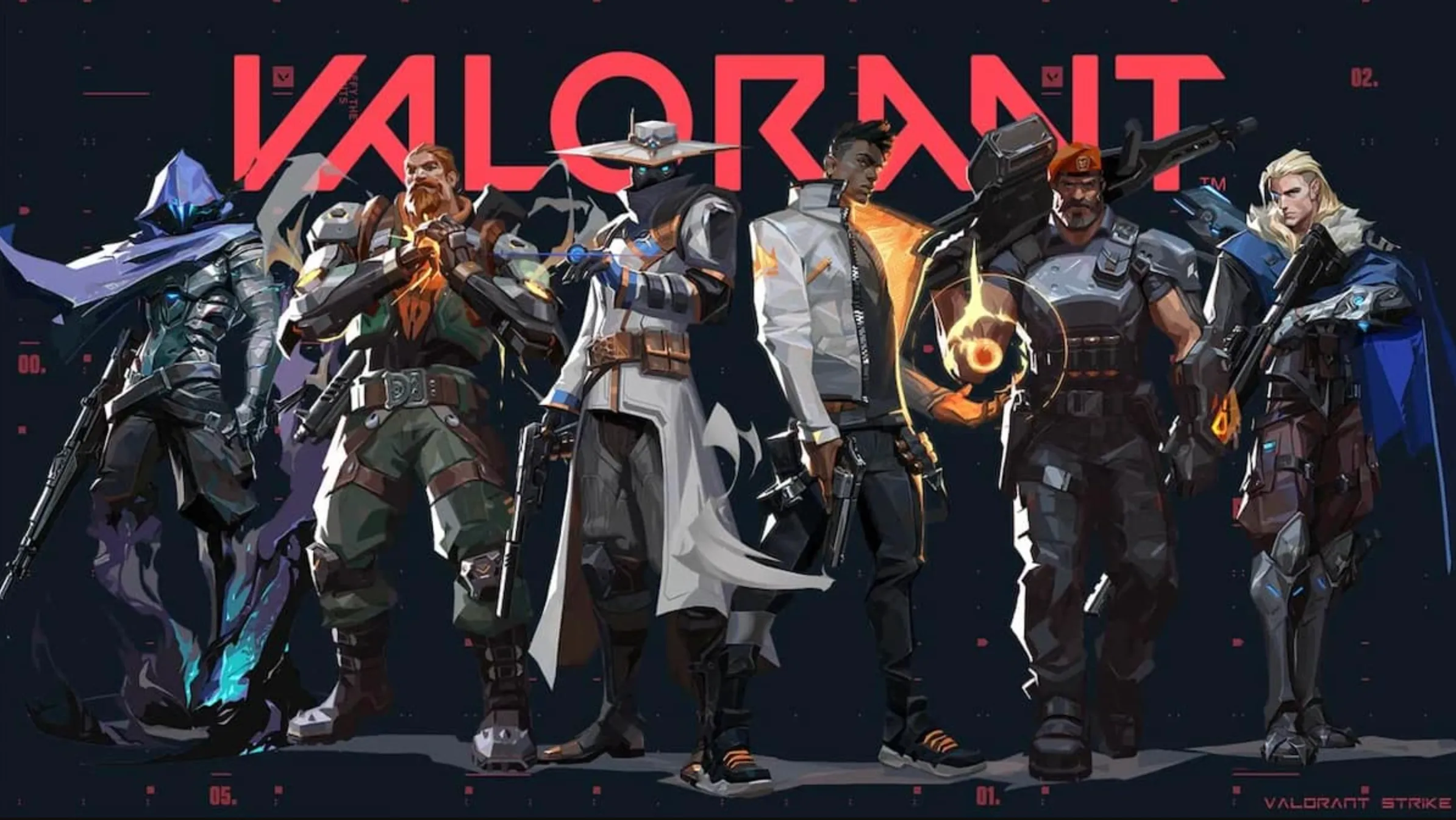 Team of Valorant 2.0 agents preparing for round start with tactical loadouts