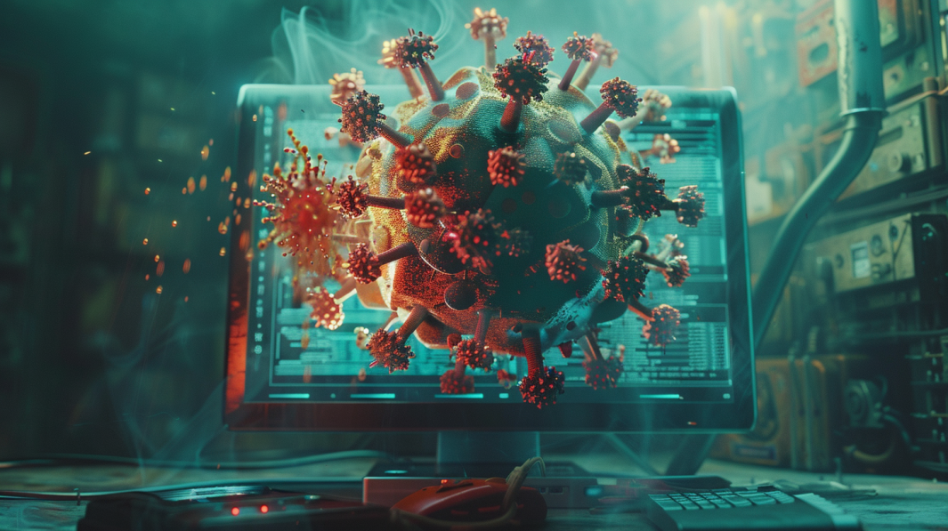 conceptual illustration of a computer virus infecting a system