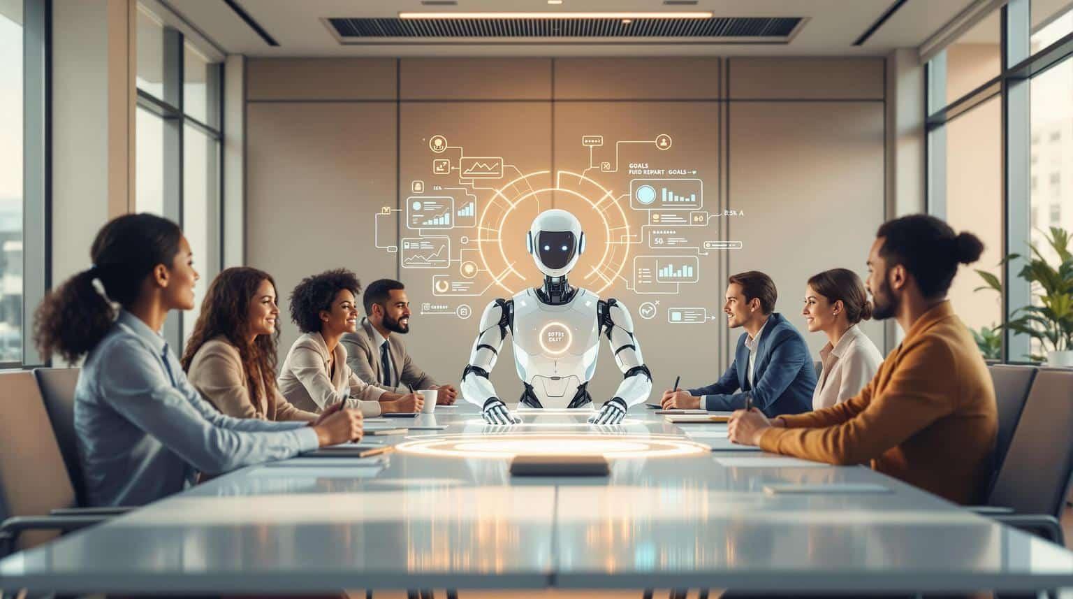 Executive team brainstorming AI business goals and aligning them with strategic outcomes on a whiteboard