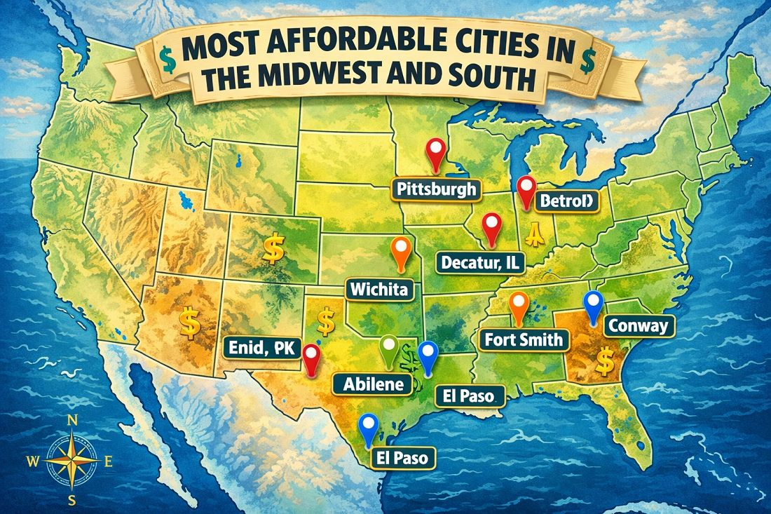 Map of the United States highlighting the most affordable cities to live in